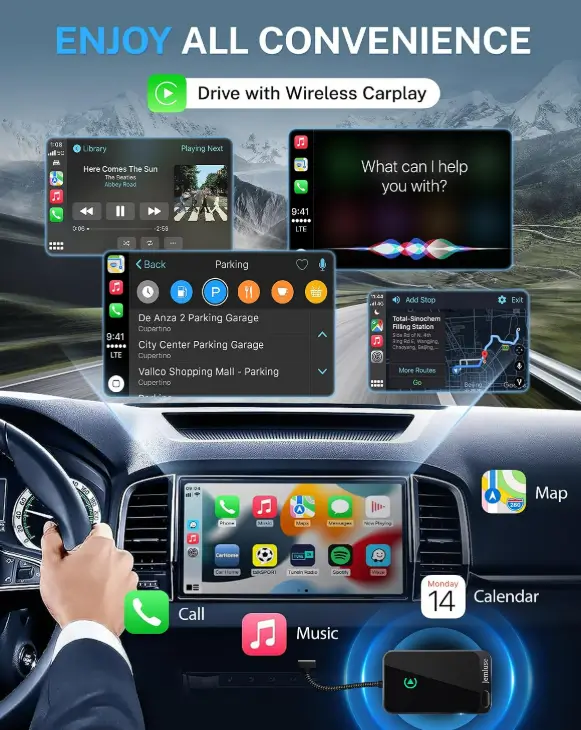 Driver using wireless CarPlay with the car screen showing maps, messages and music while the phone stays unplugged
